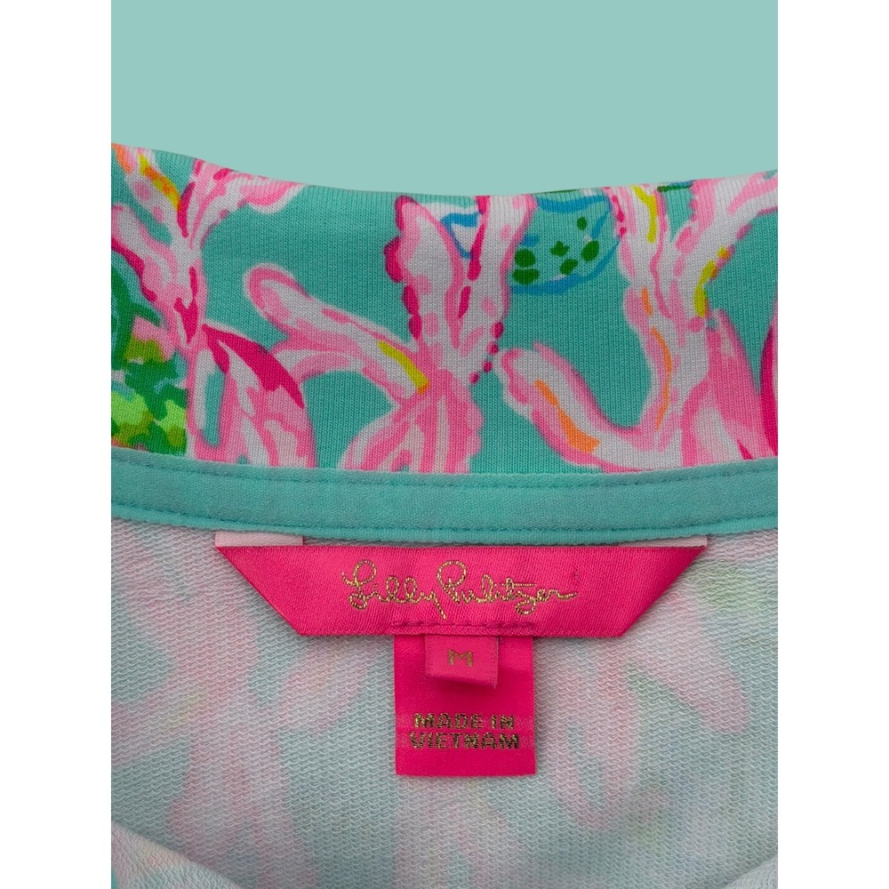 Lilly Pulitzer Skipper Popover Pink Green Turtle Floral Half Zip Pullover Medium - Picture 2 of 5